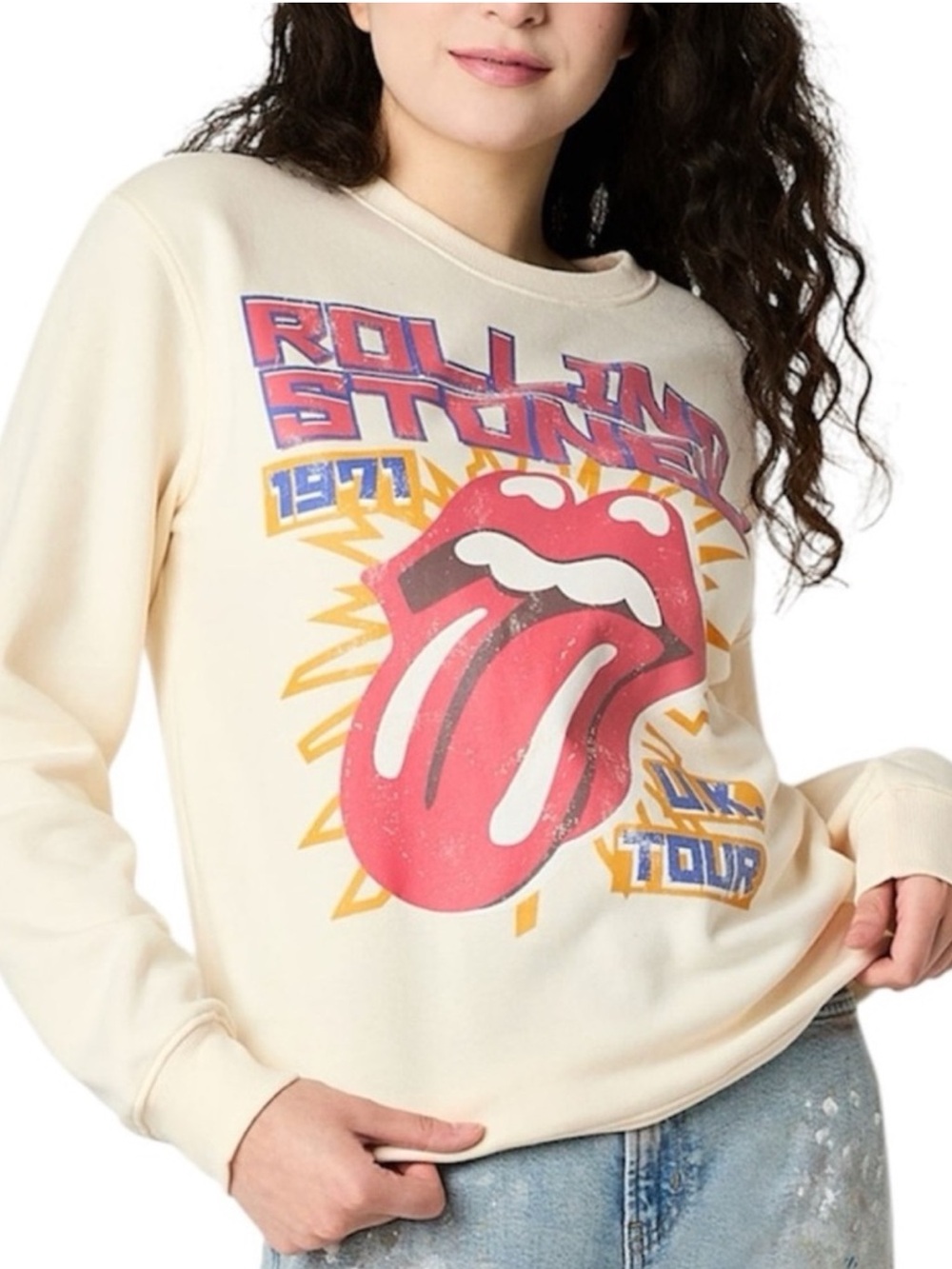 ROLLING STONES 1971 UK Tour Crewneck Sweatshirt Cream Vintage Graphic Band